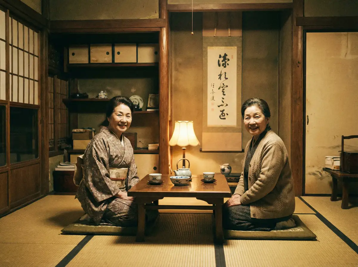两位优雅的 51cg 在日式茶室中品茶交谈